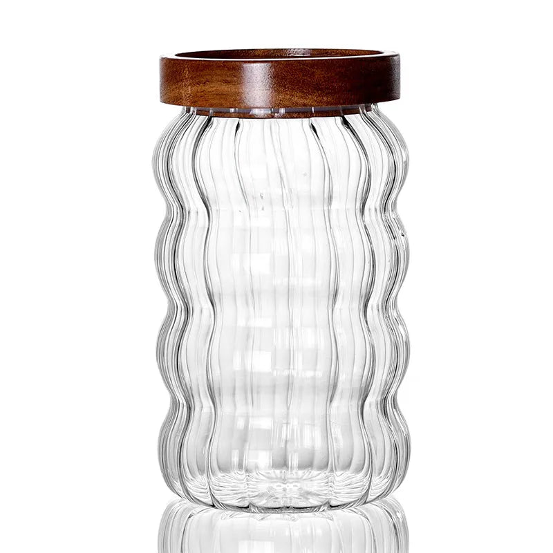 Wood Lid Striped Glass Airtight Canister Kitchen Storage Bottles Jars Food Container Coffee Beans Grains Candy Jar Containers Oasis Select 750ML