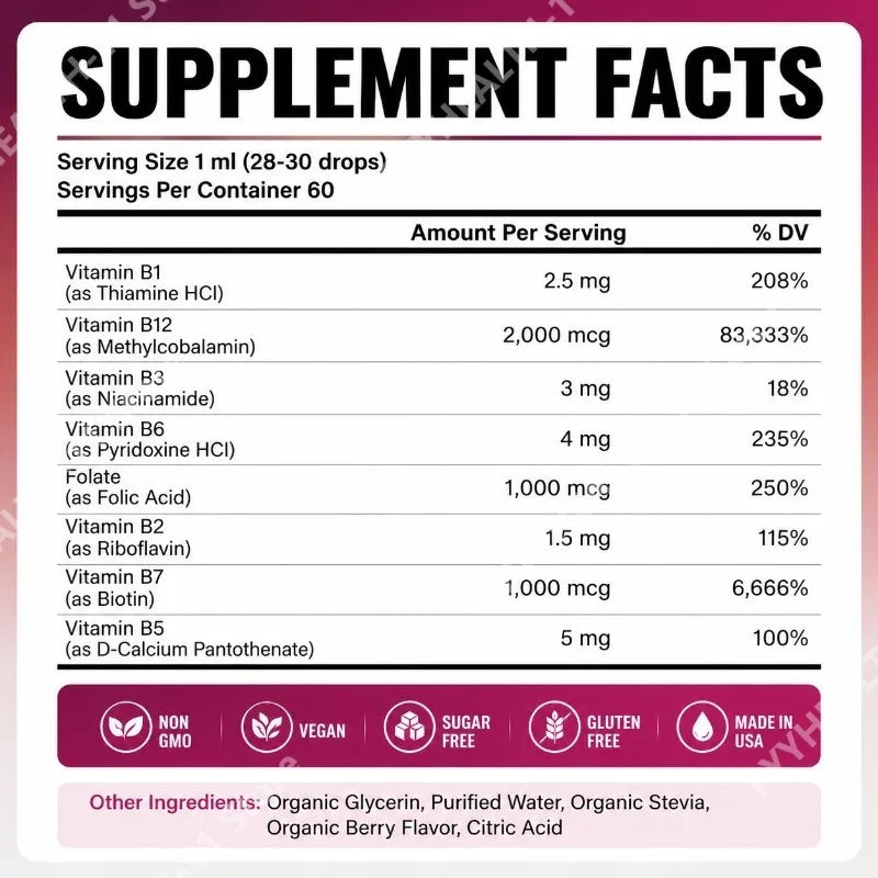 8-in-1 Organic Vitamin B Complex Liquid Drops | B12 Biotin 60mL Liquid B Vitamin Complex Oasis Select
