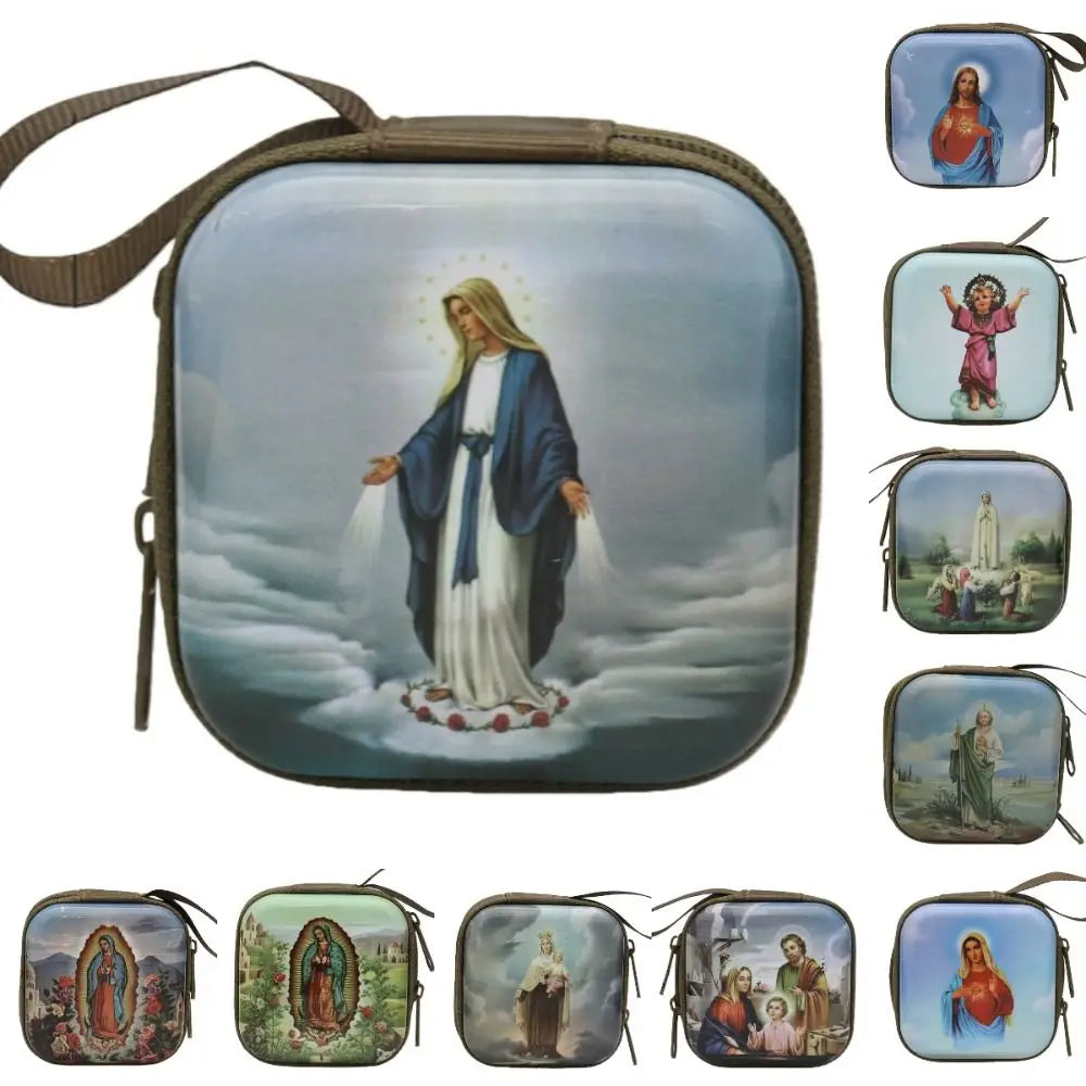 Virgin Mary Prayer Rosary Storage Bag Iron Artwork 7x7cm Religious Articles Cartoon Zippered Religious Jewelry Box Oasis Select
