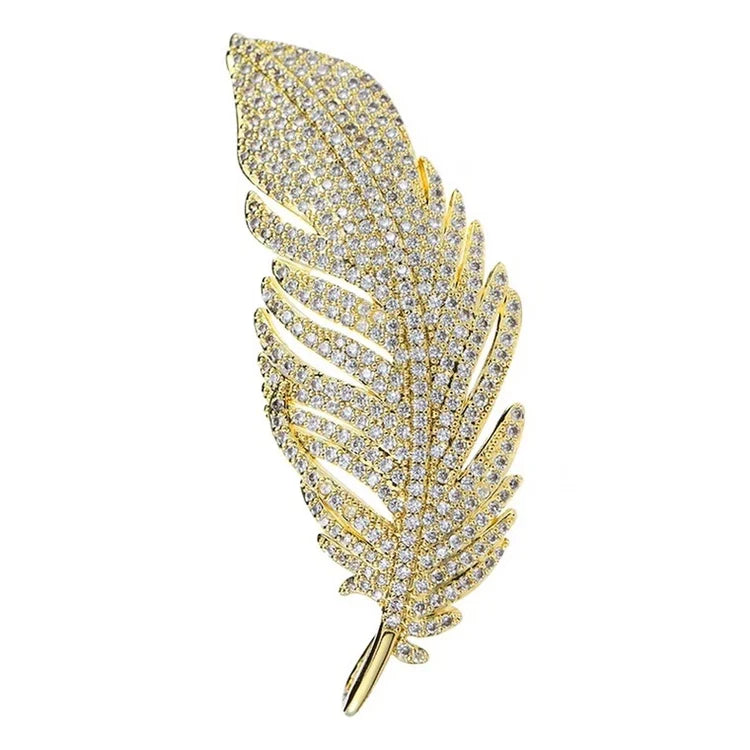 1pc Elegant Silver Color Full of Rhinestone Feather Brooches for Women Men Unisex Luxury Crystal Lapel Safety Pins Party Jewelry Oasis Select gold