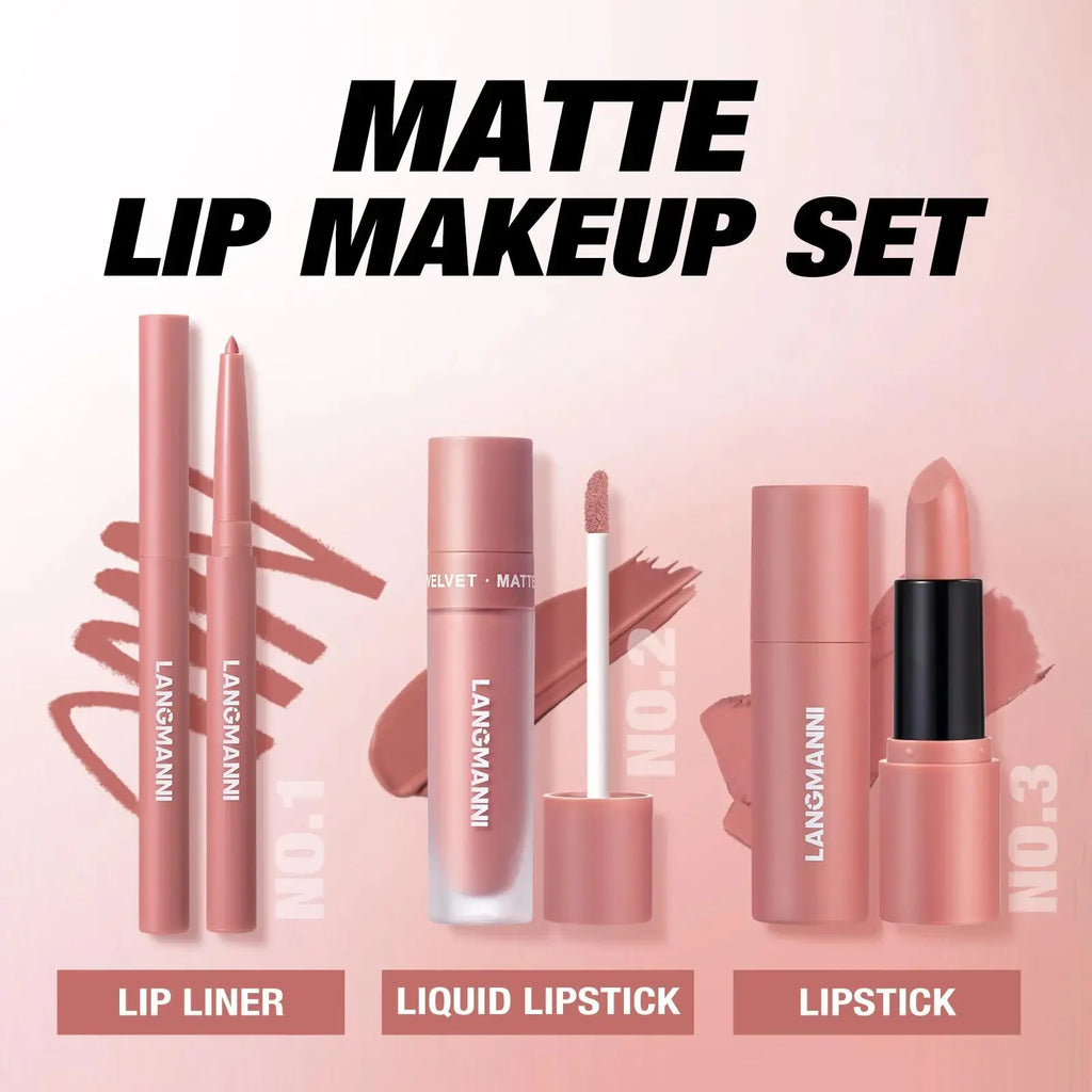 LANGMANNI 3-Piece Matte Lip Kit – Liquid Lipstick & Lipliner
