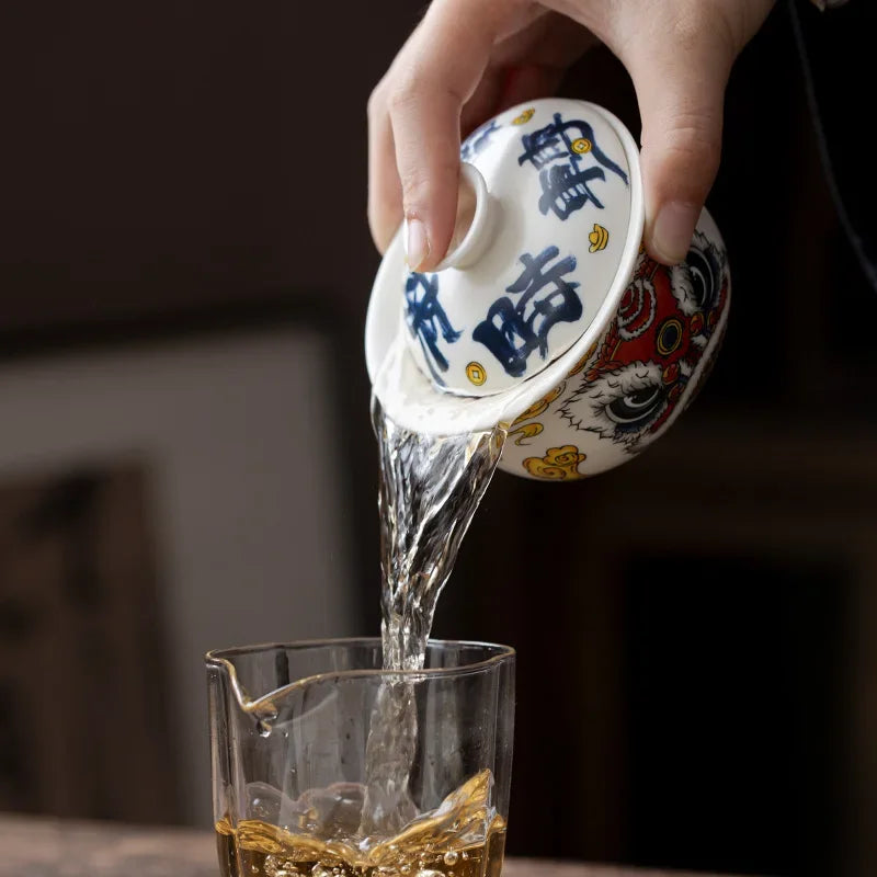 National Tide Lion Cloth Bag Hover Revolving Cover Bowl Teacup Single High-end Tea Bowl Ceramic Pot Bearing Kung Fu Tea Set Oasis Select