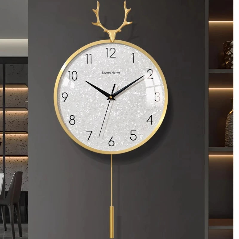 Golden Deer Horn Hanging Clock Pendant Light Luxury Dial Silent Living Room Modern and Simple Home Wall Decoration Oasis Select