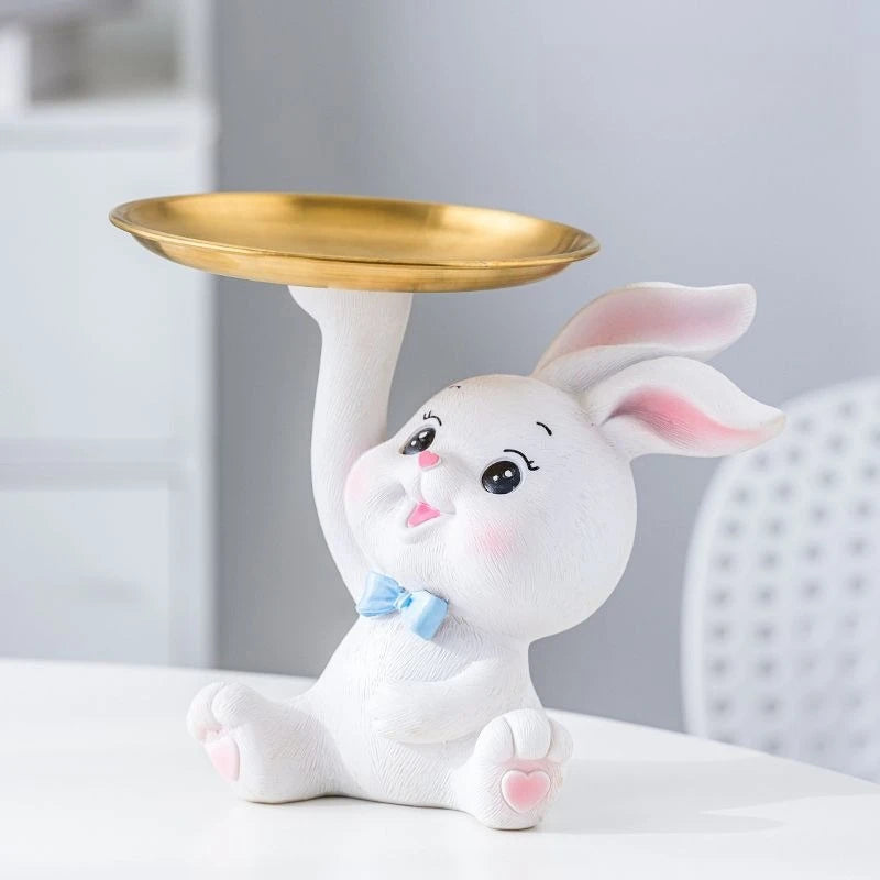Cute Rabbit/Cat Storage Tray Multifunctional Rabbit Sculpture Key Tray Resin Bunny Statue Candy Dish Home Office Desk Decor Oasis Select A
