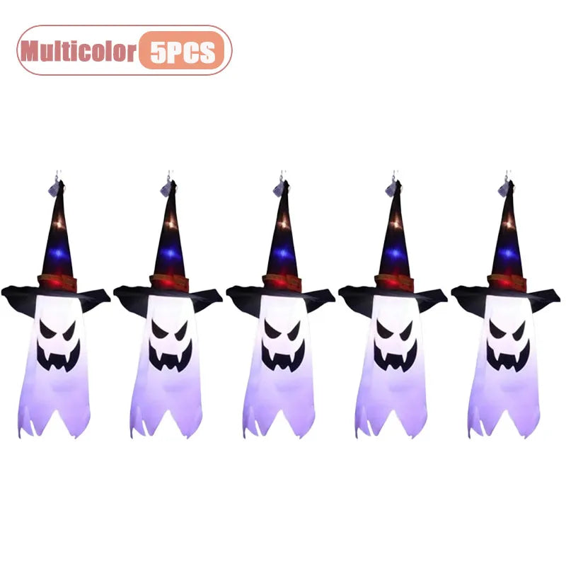 1-5PCS Halloween Wizard Hat Ghost Hanging Decoration Spooky Room Ambiance for Ghost Festival Party Scary Decor Flash Pendant Oasis Select Multicolor-5PCS Big