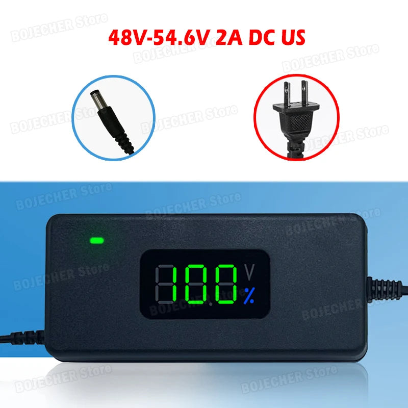 AC100-240V Digital Display Lithium Battery Charger 36V 42V / 48V 54.6V 2A Power Supply Adapters DC Plug With Cooling Fan EU US Oasis Select 48V 54.6V 2A DC US