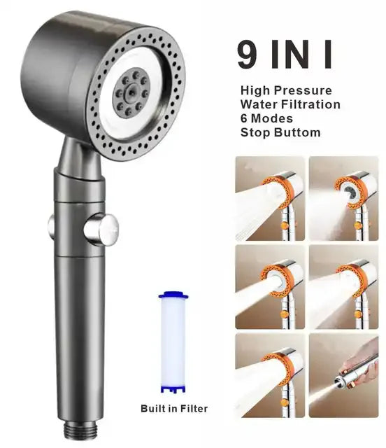 New 5 Mode Pressurized Shower Head With Filter Stop Button Water Saving Spray Nozzles Big Boost Showerhead Bathroom Accessories Oasis Select Grey shower