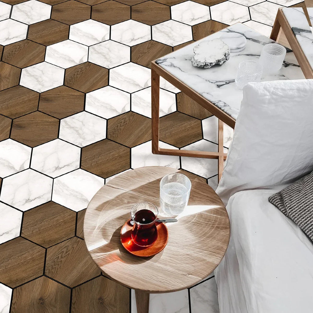 Marble wood grain self-adhesive hexagonal floor stickers waterproof home decoration hexagonal art Mosaic floor stickers Oasis Select