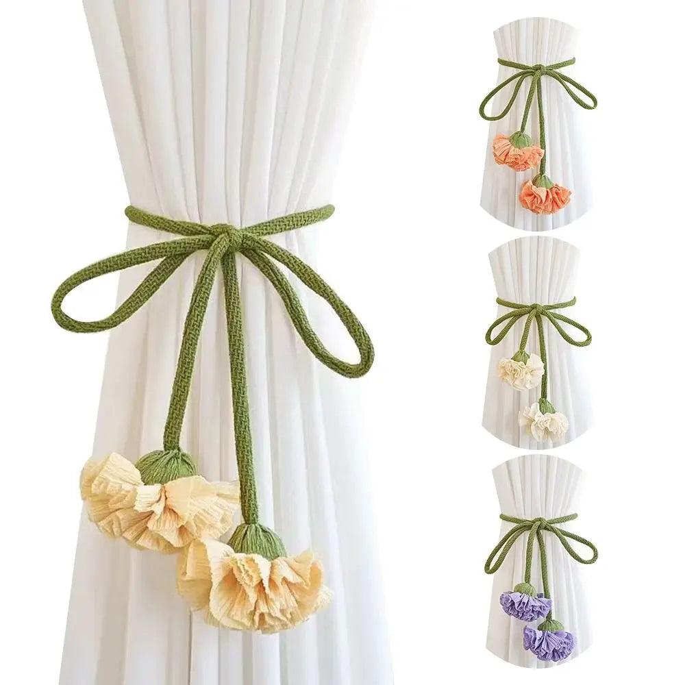 Elastic Band Curtain Tieback No Punching Adjustable Window Curtain Buckles Flower Shape Tassels Curtain Rope Holders Living Room Oasis Select