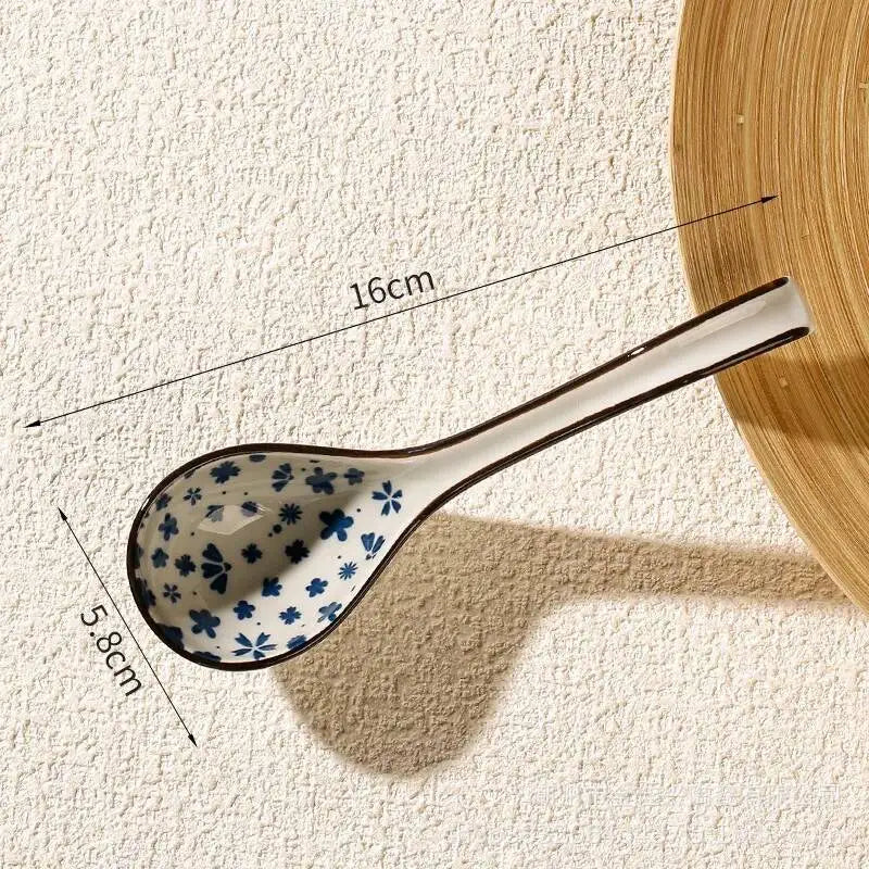 Japanese Blue And White Ceramic Spoon Extended Length For Soup And Noodle Serving Kitchen Tablewear Oasis Select 29
