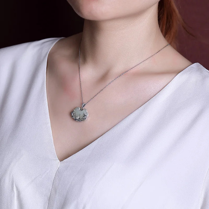 Cloud Pendant Necklace Double Fish Lotus Embossed Vintage Chinese Style Neck Jewelry Elegant Daily Outfit Matching Gift Oasis Select