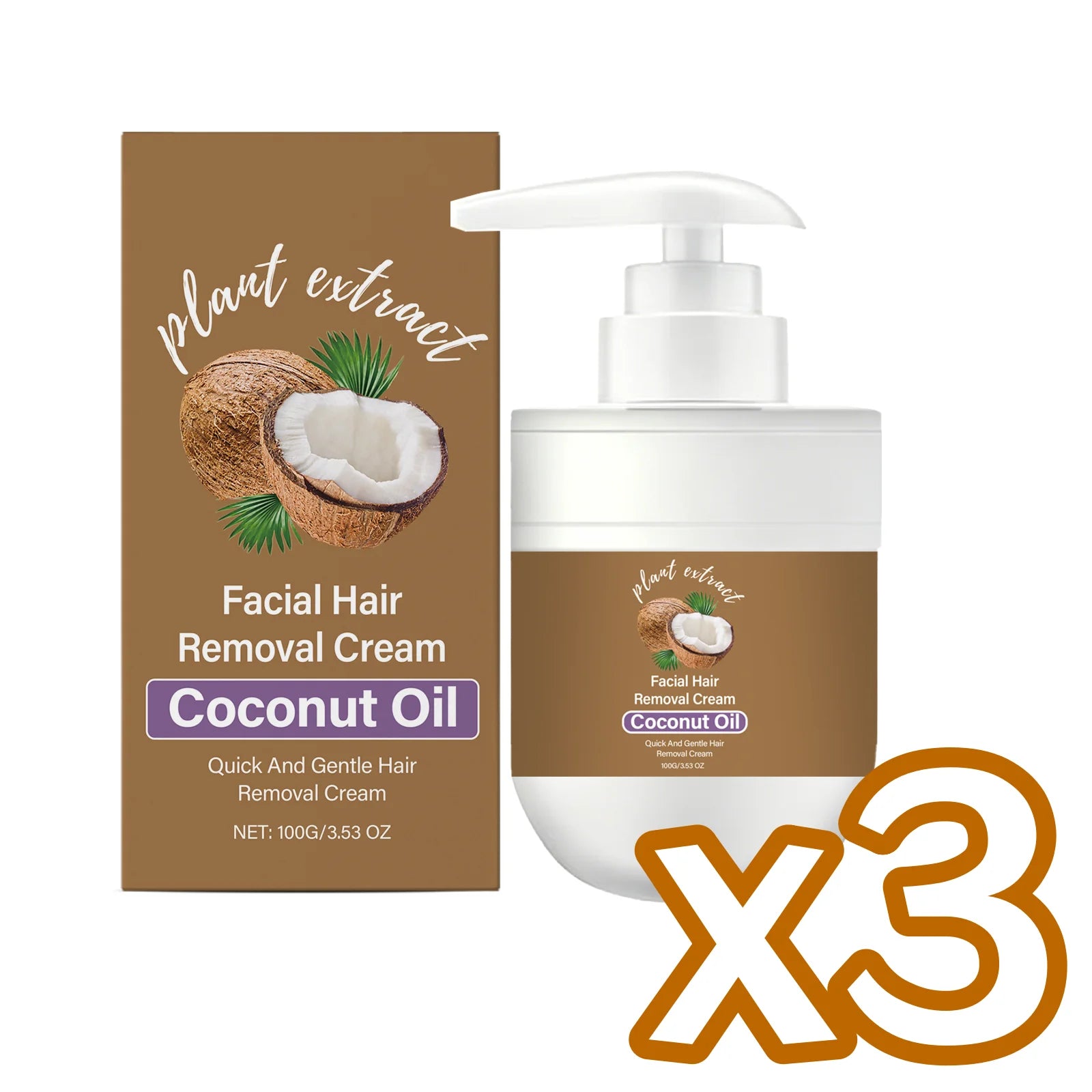 Coconut Hair Removal Cream Painless Depilation Quick & Gentle Long Lasting Moisturizing & Soothing Redness Hair Growth Inhibitor Oasis Select 100g Boxed x 3