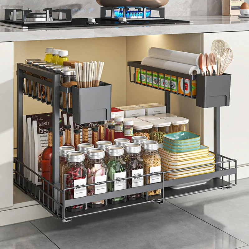 Retractable kitchen sink rack double-layer cabinet seasoning basket multi-functional storage rack under the sink Oasis Select