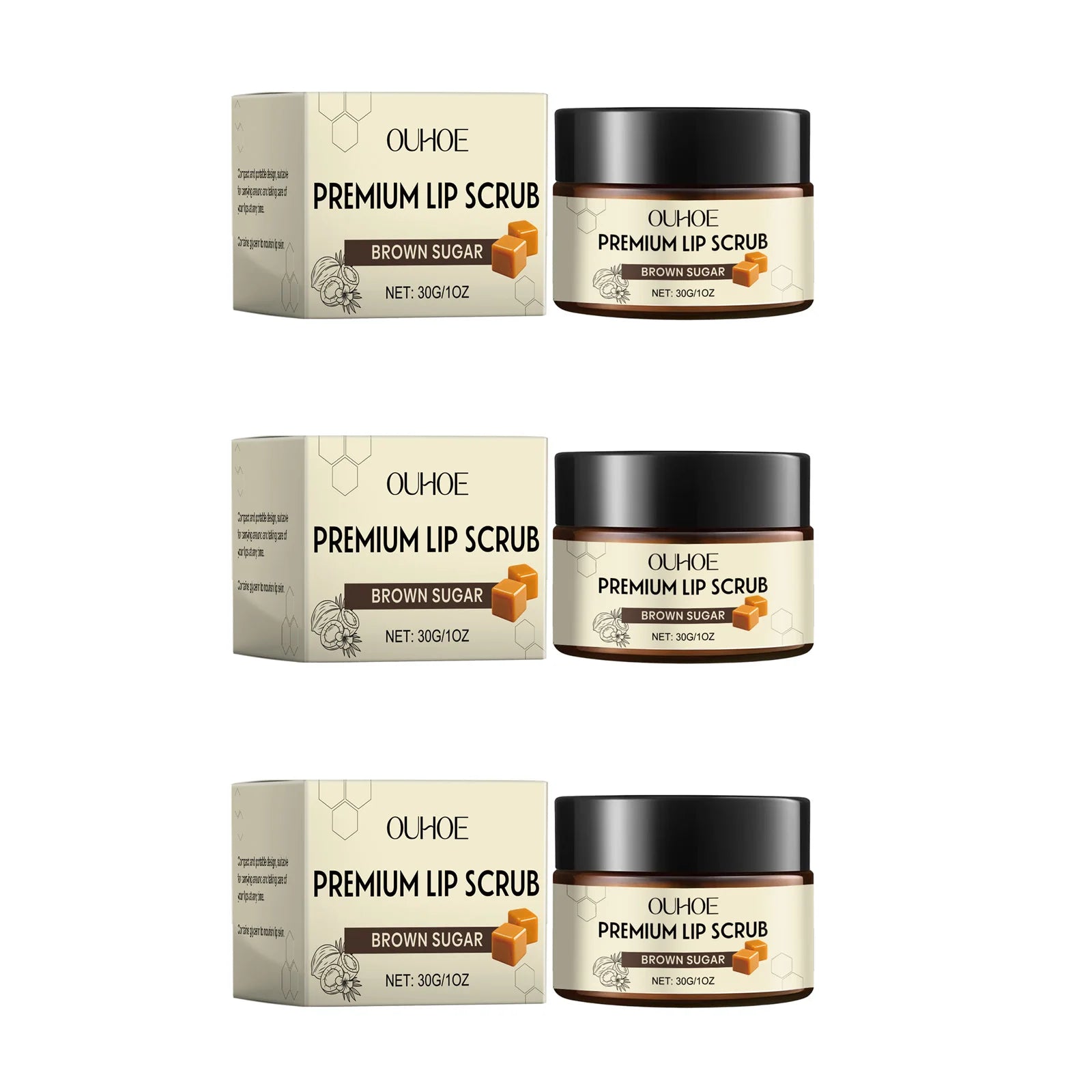 Brown Sugar Lip Scrub – Exfoliate, Moisturize & Smooth Lips Lip Scrub Oasis Select 3 x 30g Boxed