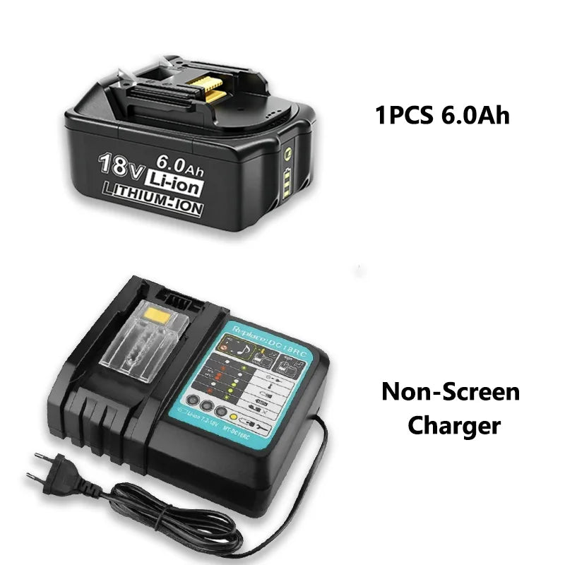 18V 6.0Ah Rechargeable Lithium-Ion Battery (18650 Cell) + 3A Charger, Suitable for Makita Power Tool BL1860 BL1830 LXT400 BL1850 Oasis Select 1PCS 6.0Ah N-Charger