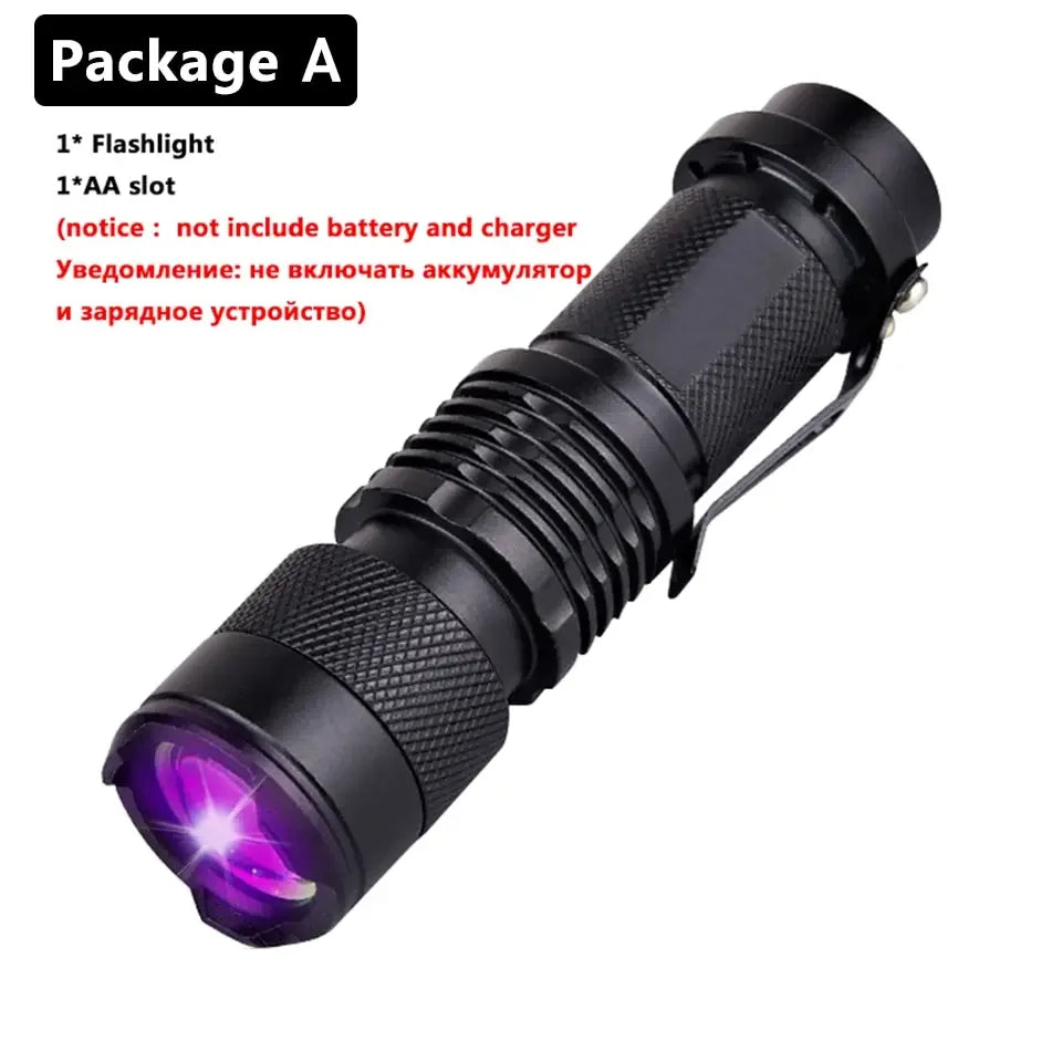 UV LED Portable Flashlight 395nm Black Light Wavelength Violet Flashlight Pet Urine Scorpion Feminine Hygiene Detector Torch Oasis Select SK68 UV flashlight