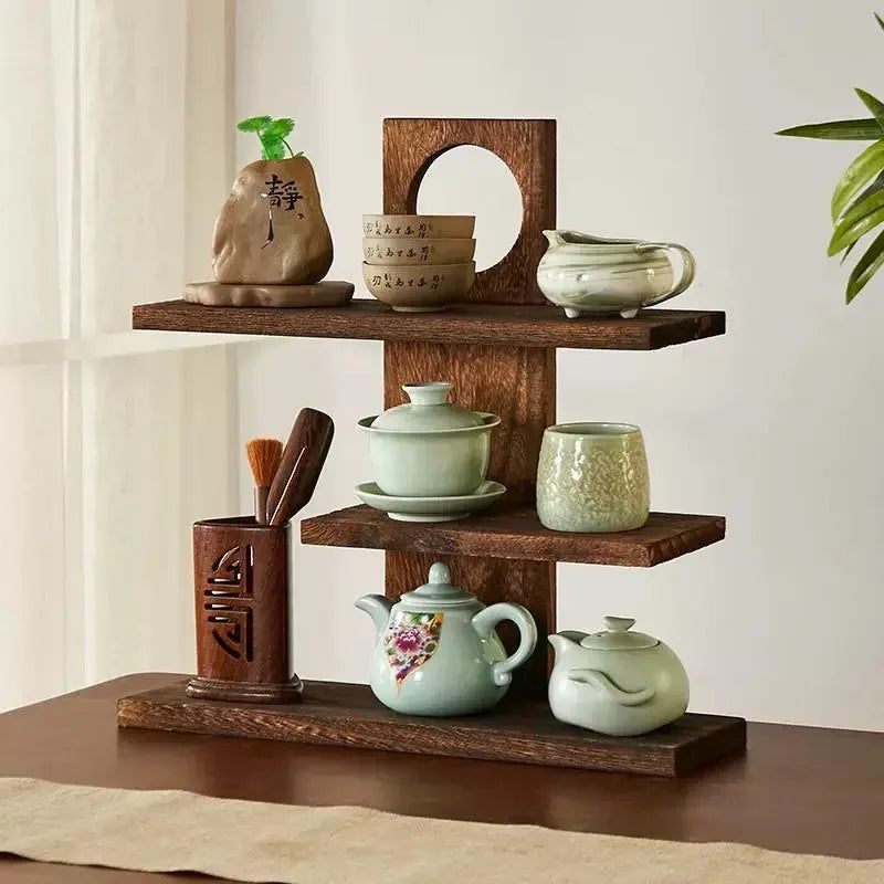 1pcs Tier Display Stand Hollow Window Design Storage Rack For Teaware Ornament Tea Cup Pot Decor Desktop Organizer Oriental Oasis Select