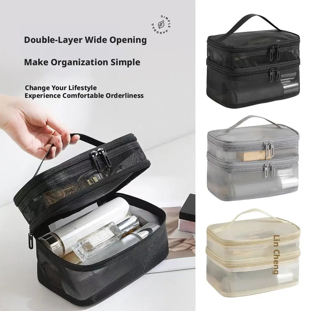 Handheld Mesh Storage Bag Large Capacity Double-Layer Portable Toiletry Bag Travel Cosmetic Organizer Bag Oasis Select