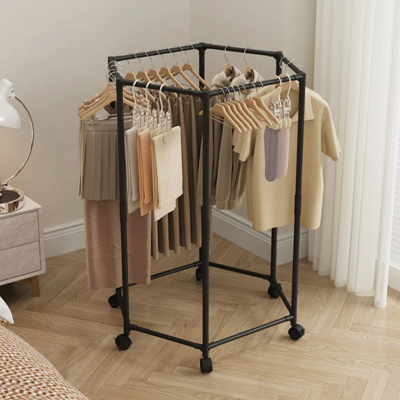 Hexagon Rotating Floor Clothes Rack Dormitory Coat Hanger Stand Indoor Drying Rack Movable Garment Organizer Hat Stand Oasis Select