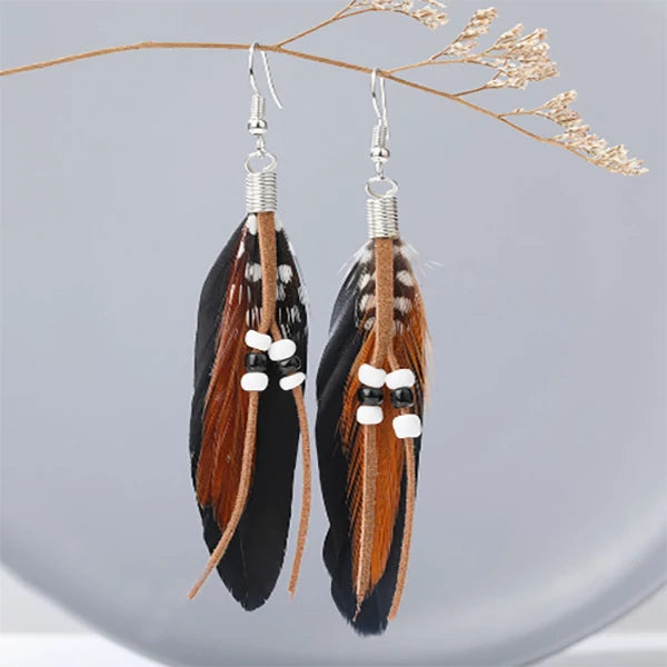 Tassel Dangling Earrings Colorful Feather Leather Beads Earrings Indian Feathers Summer Womens Fashion Jewelry Oasis Select MR-05