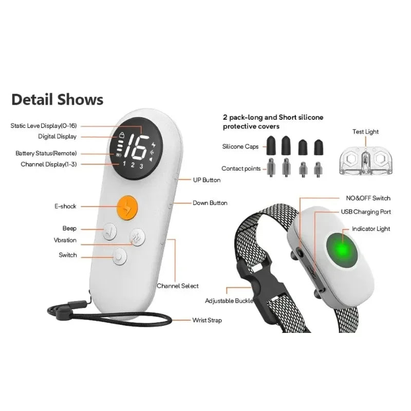 Electric Training Dog Collar, Rechargeable Anti Bark with Remote, Waterproof, Beep Vibration Shock LED Light Security Lock Modes Oasis Select