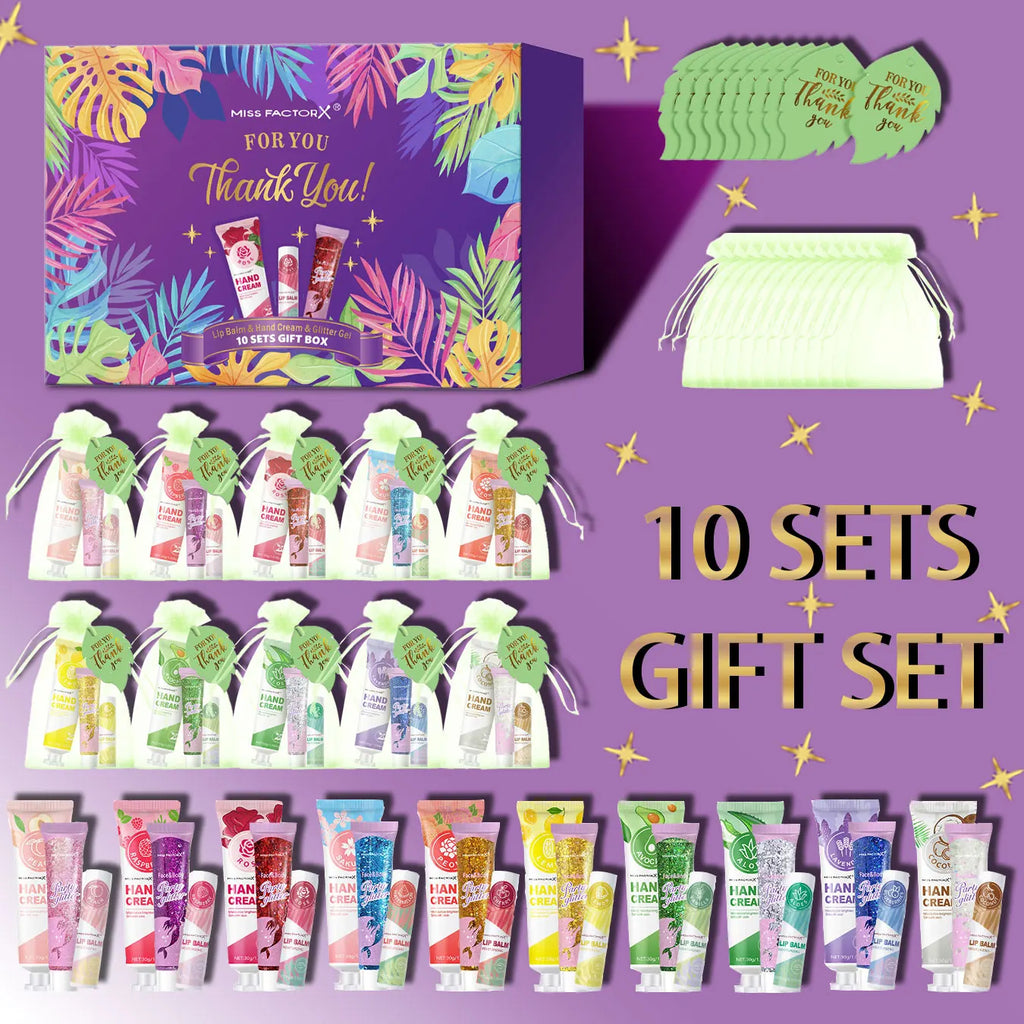 Women's gift set -10 sets/box with hand cream, lipstick, glitter, gift gauze bag, green leaf thank you card combination Oasis Select