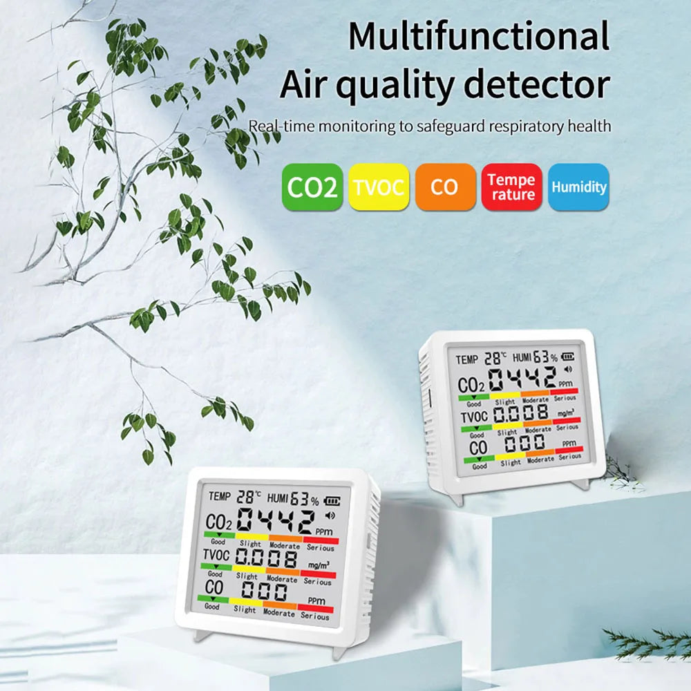 5-in-1 LCD Screen Air Quality Detector Temperature Humidity Meter CO2 Tester HCHO TVOC Carbon Dioxide Monitor Type C Interface Oasis Select