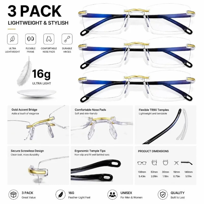 3PCS Frameless Portable Reading Glasses Set, Suitable for Reading and Computer Use - for Reading, Sewing Oasis Select