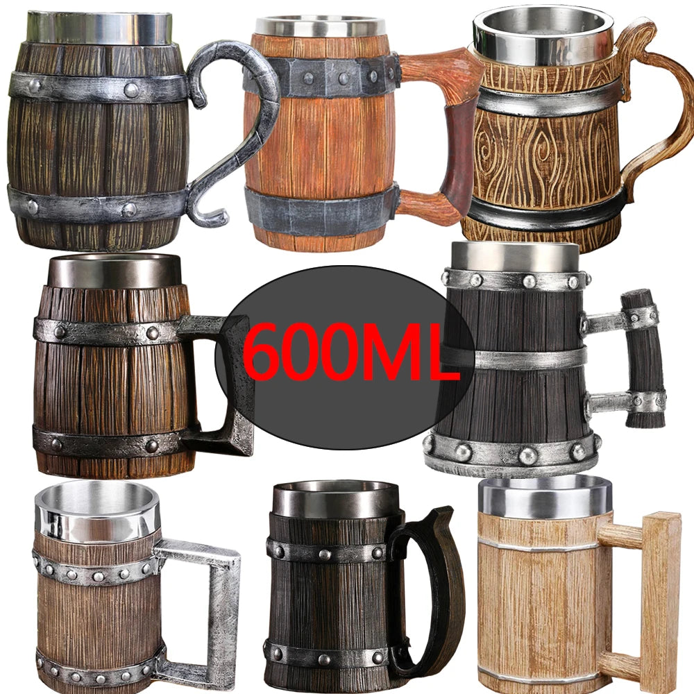 Wooden Barrel Beer Cup Stainless Steel Coffee Mug Viking Style Vintage Beer Mug Double Wall Drinking Cup Halloween Bar Drinkware Oasis Select