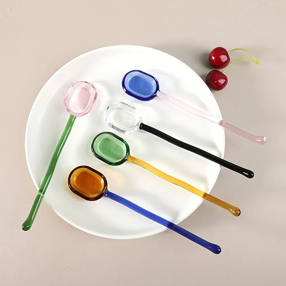 Colorful Wave Glass Spoon Set Milk Dessert Spoon Glass Long Handled Dessert Coffee Stirring Spoon Home Kitchen Tableware Decor Oasis Select