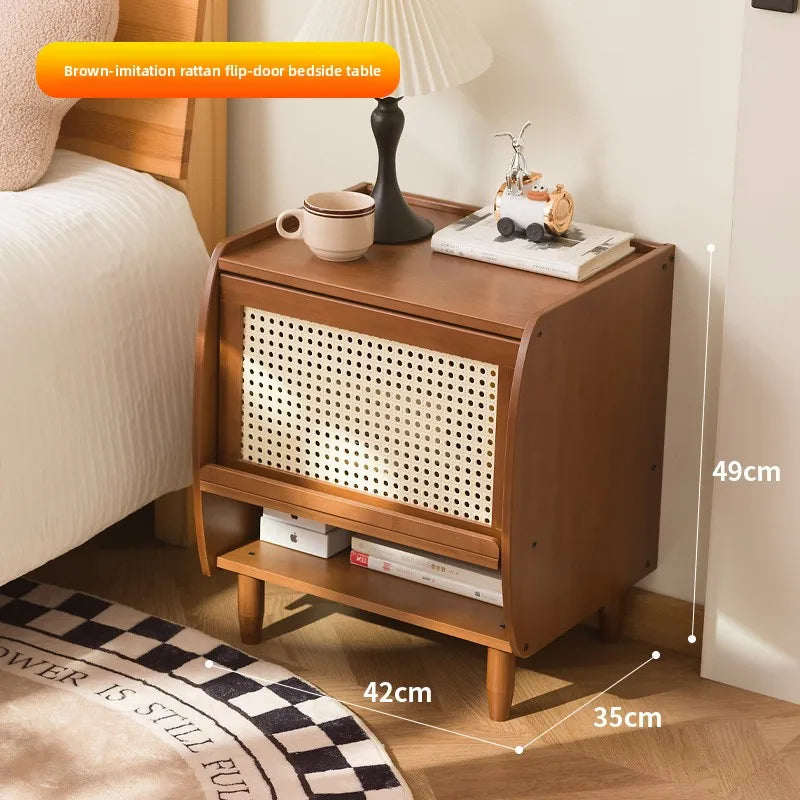 Solid wood bedside table Nordic rattan locker simple bedroom bedside drawer storage cabinet sofa side cabinet Oasis Select brown