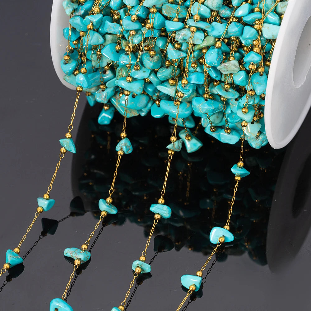 1meter Gold Plated Stainless Steel Chain Natural Raw Healing Crystal Points Gemstone Beaded Charms for Jewelry Making DIY Crafts Oasis Select Turquoise