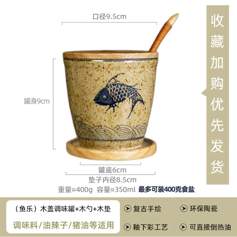 Ceramic Retro Seasoning Pot Hand-painted Salt Pot Oil Tank Pepper Pot for Kitchen Oasis Select spoon wooden mat 2