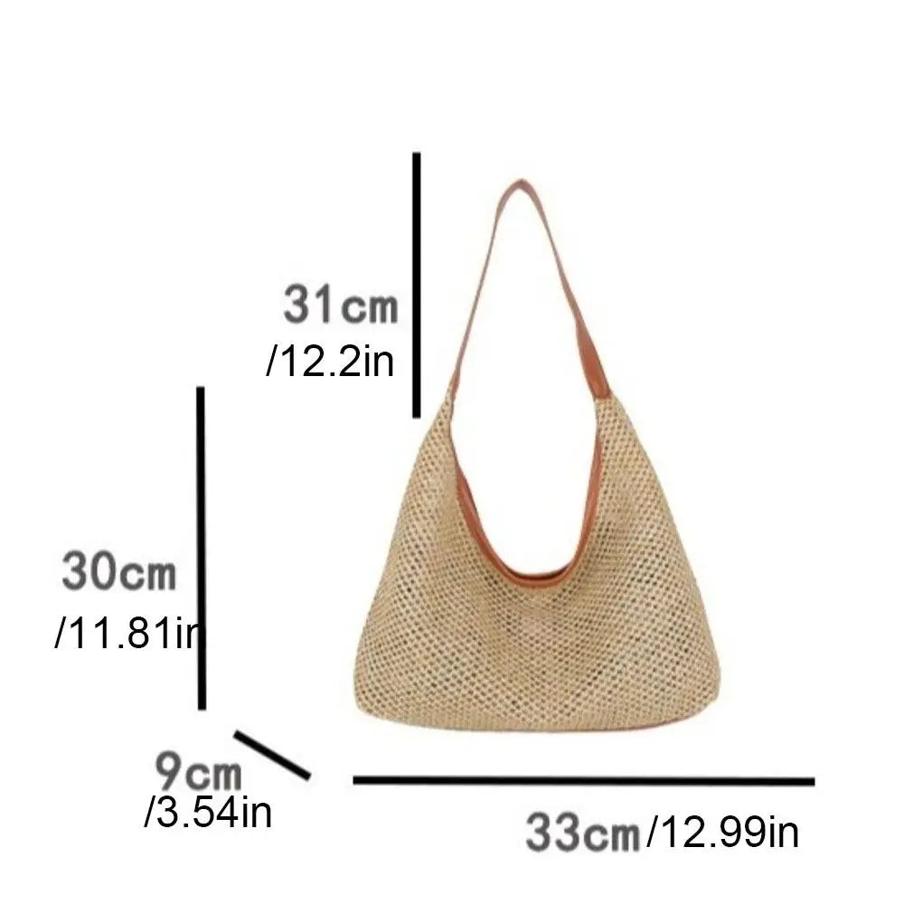 Fashion Solid Color Weave Straw Bag Bohemian Style Large Capacity Beach Handbag Bucket Bag Handmade Shoulder Bag Summer Oasis Select
