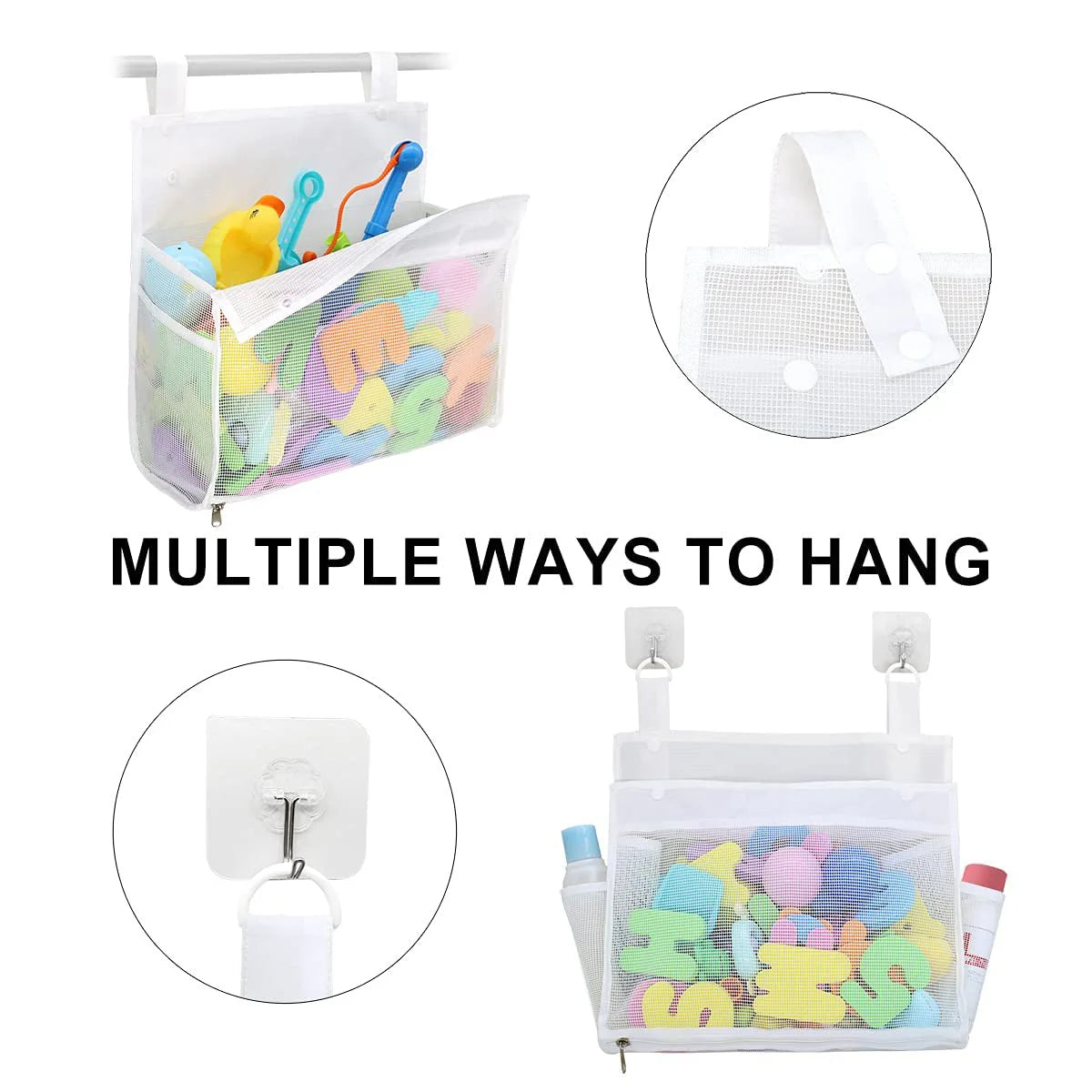 Kids Bath Toy Organizer Hanging Storage Bag with Large Open Top & Zipper-Shower Bathtub Organizer for Toys Toy Storage Packaging Oasis Select