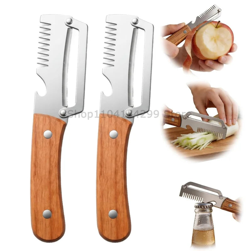 Wooden Handle Paring Knife High Appearance Kitchen Special Fruit Planer Sugarcane Paring Knife Household Thick Scraping Tools Oasis Select wood Slicer-2PCS