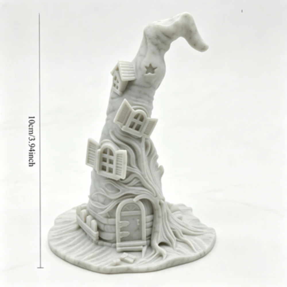 Witch Hat Shaped House Sculpture Desktop Storage Rack Halloween Spooky Cabin Figurine Bedroom Entryway Table Decor Holiday Gifts Oasis Select Silver Dapple 10cm