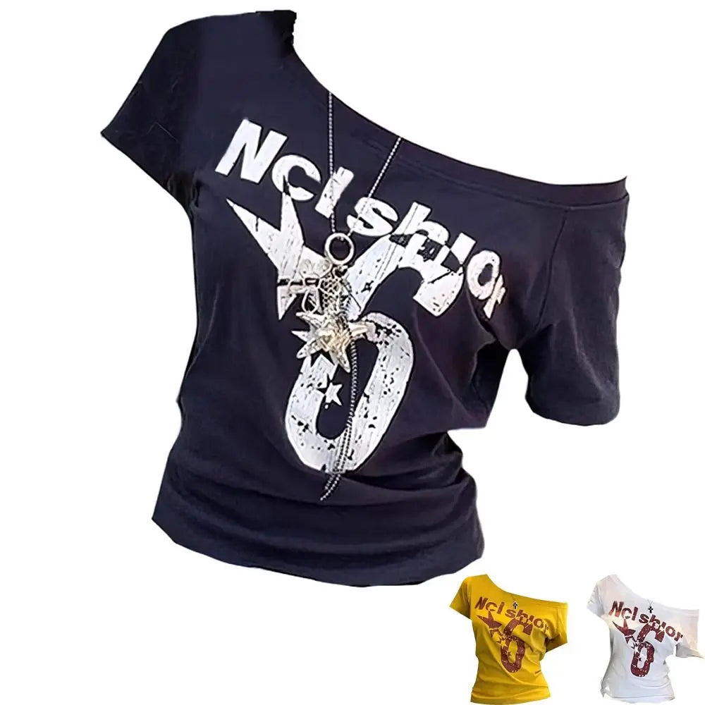 Trendy Y2k Off Shoulder Top Letter Print Body Basic Crop Top Skew Collar Summer Top Vintage Style Oasis Select
