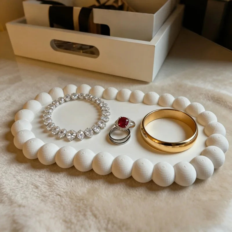 Trending White Beaded Decor Tray Jewelry & Ring Organizer Desktop Storage Tray with Artistic Aesthetic Home Decor Oasis Select