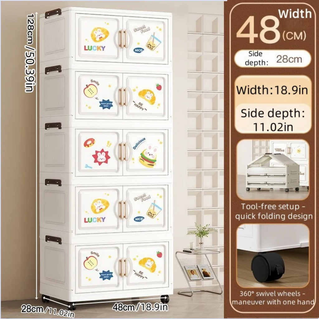 18.9 Inch Cartoon Foldable Storage Box,1-6 Tier Heavy-Duty Rolling Organizer,2 Colors for Bedroom/Living Room/Kitchen/Study Oasis Select 5 Layer Rabbit