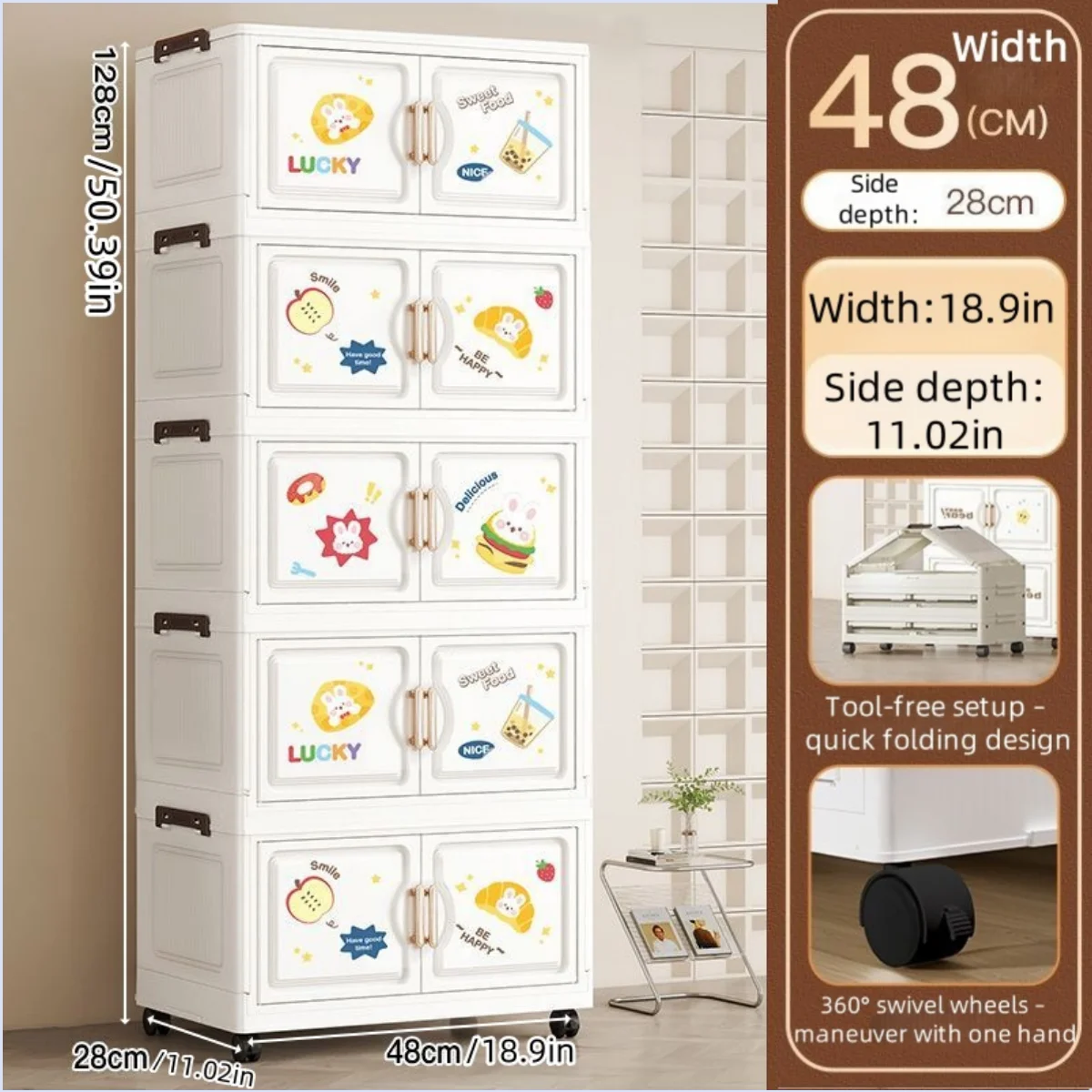 18.9 Inch Cartoon Foldable Storage Box,1-6 Tier Heavy-Duty Rolling Organizer,2 Colors for Bedroom/Living Room/Kitchen/Study Oasis Select 5 Layer Rabbit