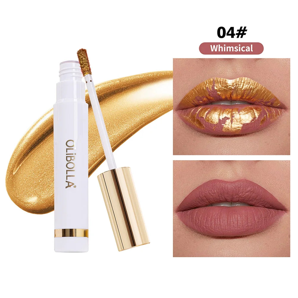Lip Stain Liquid Lipstick, 4 Colors Dual-use Matte Base & Metallic Gold Flake Top Coat, Long Lasting Shimmer Lip Makeup Oasis Select 04 Whimsical