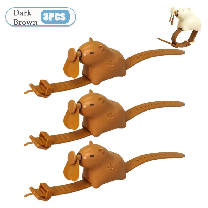 1-10PCS Cute Capybara Wrist Fan Portable Handheld Fan USB Rechargeable Silent Wearable Watch Style Cooling Gadget for Summer Oasis Select Dark Brown-3PCS