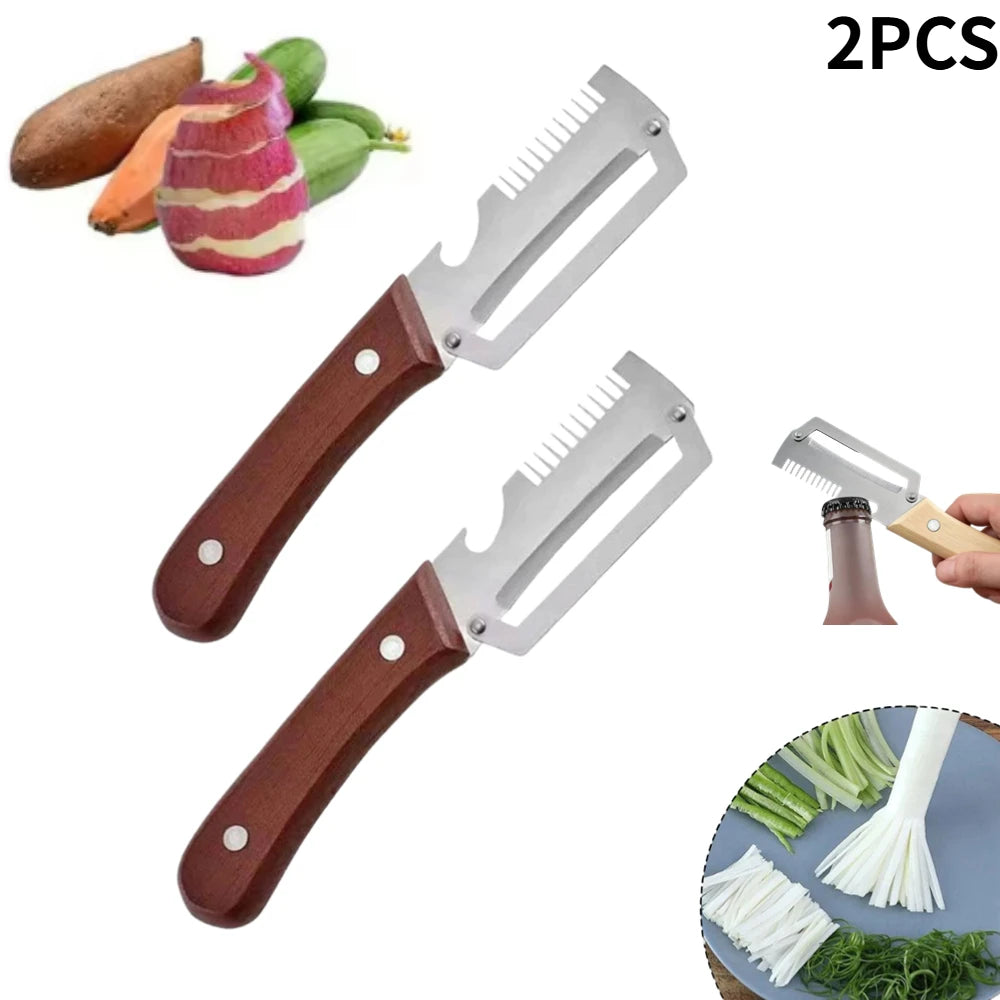 3-in-1 Multifunction Kitchen Peeler, Wooden Handle Stainless Steel Serrated Knife, Vegetable Fruit Peeler Shredder Bottle Opener Oasis Select 2 X Brown handle