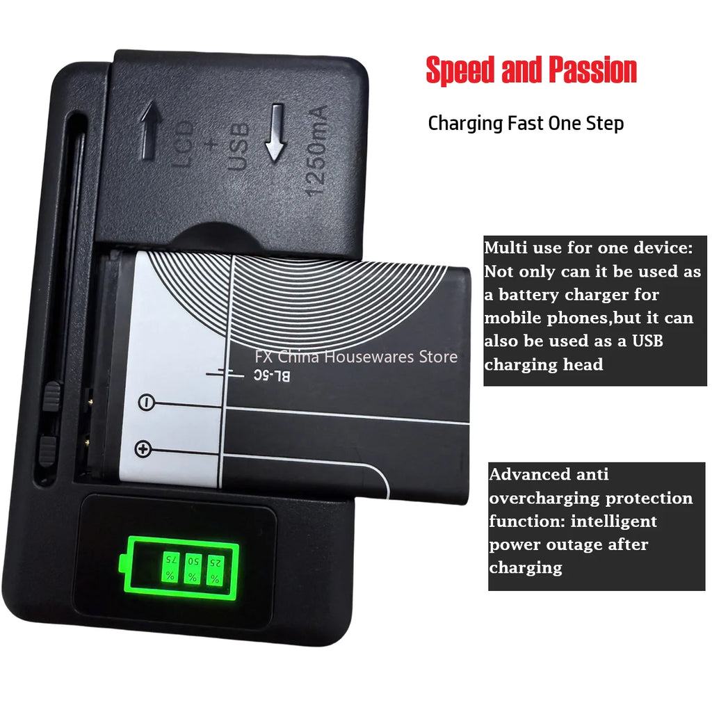 Universal LCD Battery Charger with USB Port, 32-55mm Adjustable, For Cell Phone & Camera Batteries, US/UK/EU Plug Oasis Select