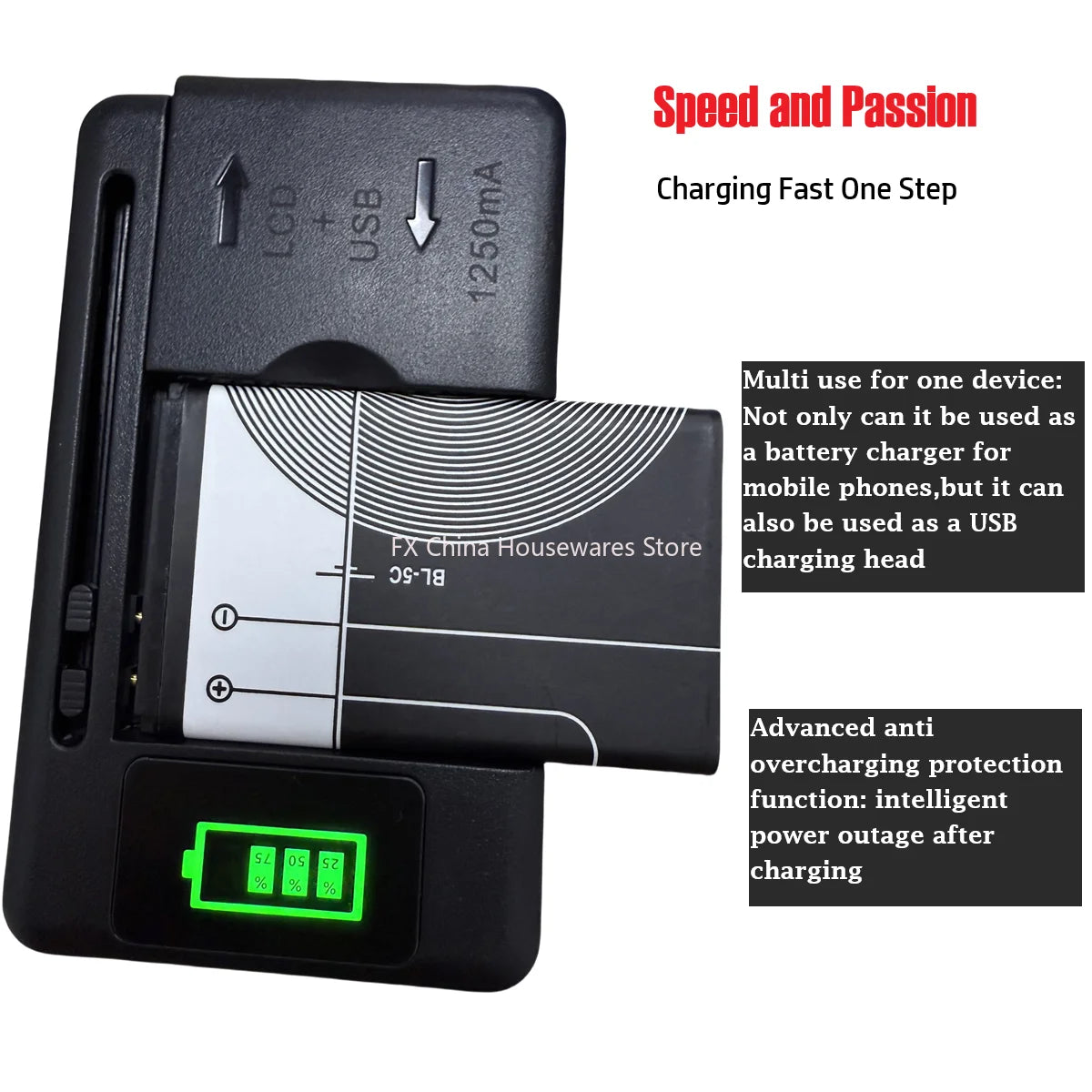 Universal LCD Battery Charger with USB Port, 32-55mm Adjustable, For Cell Phone & Camera Batteries, US/UK/EU Plug Oasis Select