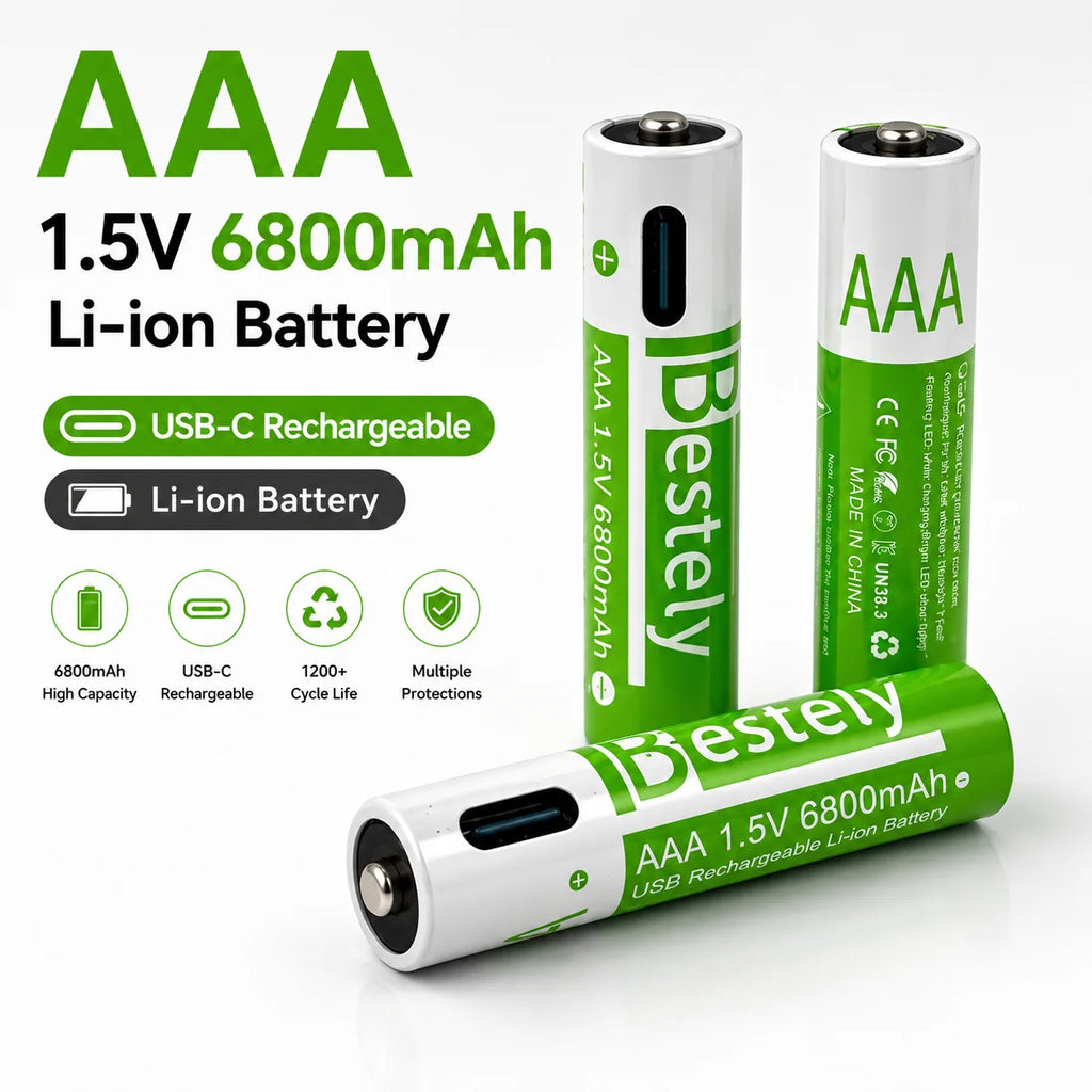 Type-C AAA Rechargeable Lithium Battery 6800mAh Long Runtime Battery for Wireless Devices Remote Control Flashlight Camera Oasis Select