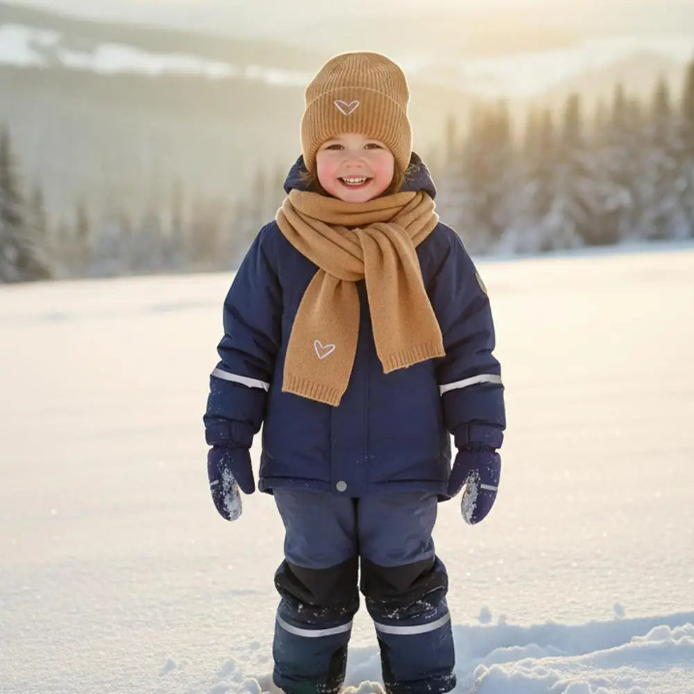 Winter Warm Solid Color Kids Knitted Hat Scarf Love Heart Embroidery Autumn Baby Beanie Outdoor Anti-cold Boys Girls Cap Scarves Oasis Select