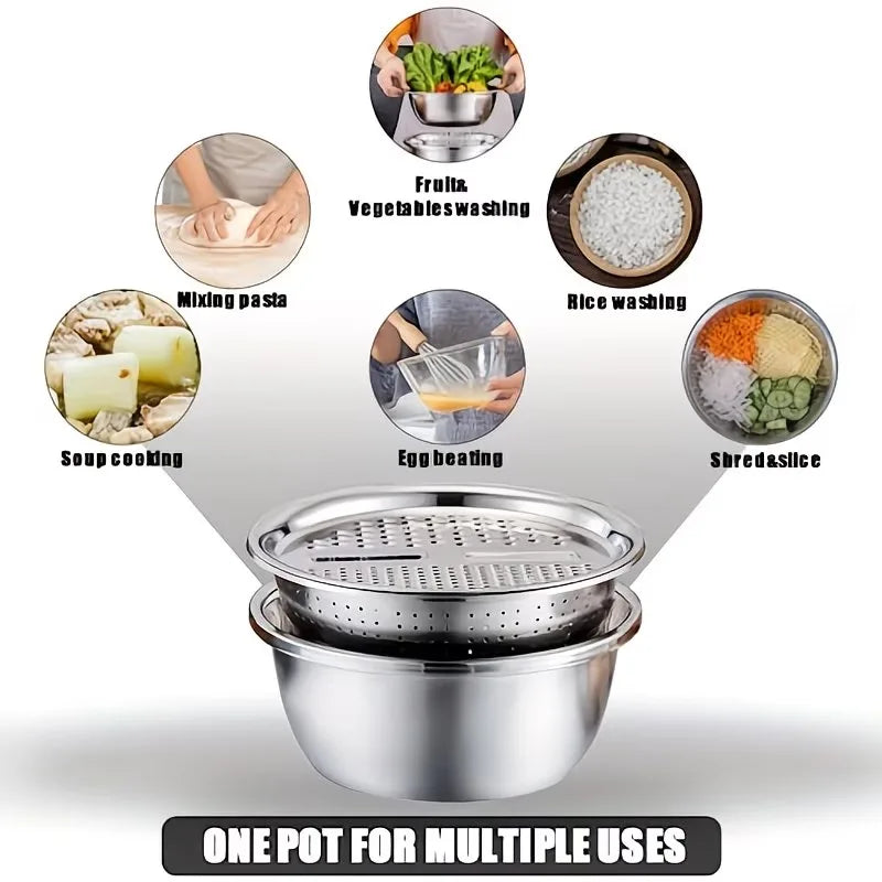 3-in-1 Stainless Steel Grater Bowl with Colander & Slicer