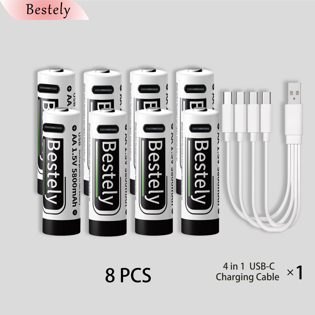 AA Rechargeable Batteries 1.5V 5800mAh Li-ion Battery Long-Lasting High Capacity Lithium Akku, 2000 Cycle with Free USB-C Cables Oasis Select 8 pcs batteries